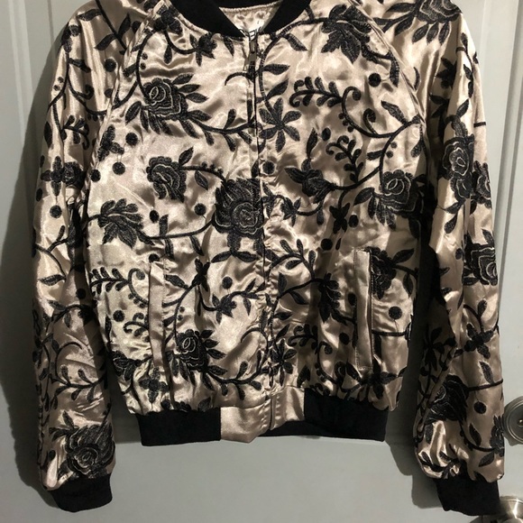 LF pink and black floral bomber jacket